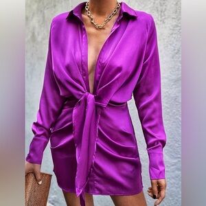 Purple Satin Button-Up Blouse